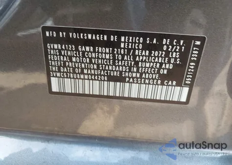 2021 Volkswagen Jetta 1.4T R-Line/1.4T S/1.4T Se z USA, uszkodzony, nr VIN 3VWC57BU8MM044206